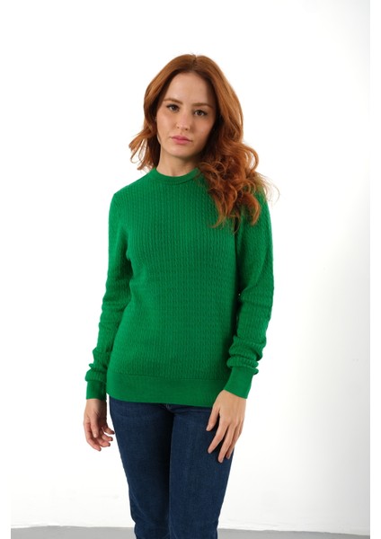 Kadın Yeşil %100 Organik Pamuk Bisiklet Yaka Saç Örgülü Triko Kazak Örme Bluz TRIST-6154