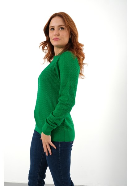 Kadın Yeşil %100 Organik Pamuk Bisiklet Yaka Saç Örgülü Triko Kazak Örme Bluz TRIST-6154 fırsatları