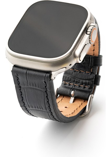 crocco Siyah Gerçek Deri Apple Watch Kordon Seri 1-8, Se, Ultra ve Ultra 2 ile Uyumlu