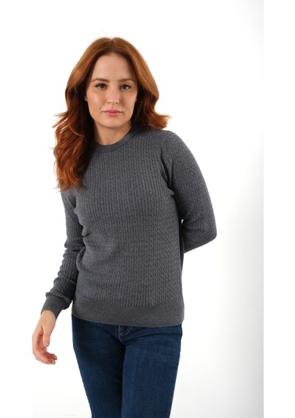 Kadın Ink %100 Organik Pamuk Bisiklet Yaka Saç Örgülü Triko Kazak Örme Bluz TRIST-6154