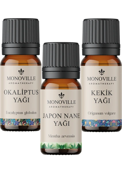 Nane Yağı 10 ml, Okaliptus Yağı 10 ml, Kekik Yağı 10 ml 3'lü Set %100 Saf Ve Doğal 3x10 ml