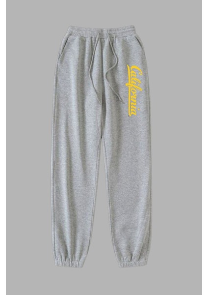 Unisex Gri Kışlık Eşofman Altı 2 Iplik Şardonlu Kumaş Sarı California Baskılı