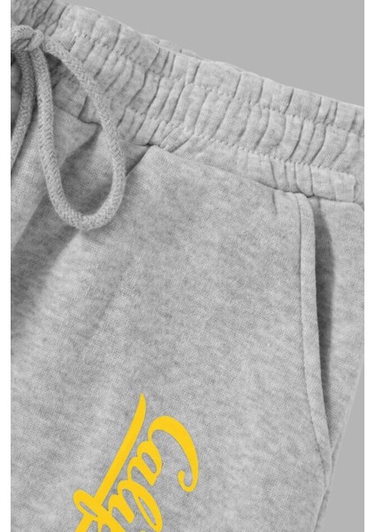 Unisex Gri Kışlık Eşofman Altı 2 Iplik Şardonlu Kumaş Sarı California Baskılı