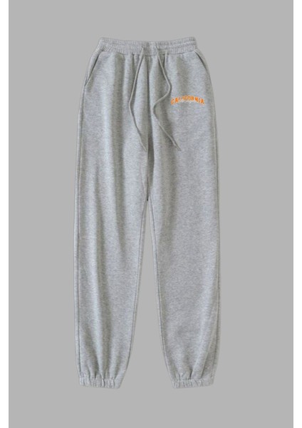 Unisex Gri Kışlık Eşofman Altı 2 Iplik Şardonlu Kumaş California L.a Baskılı