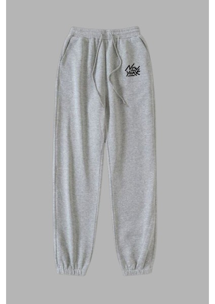 Unisex Gri Kışlık Eşofman Altı 2 Iplik Şardonlu Kumaş New York Baskılı