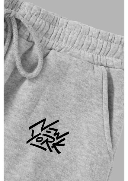Unisex Gri Kışlık Eşofman Altı 2 Iplik Şardonlu Kumaş New York Baskılı
