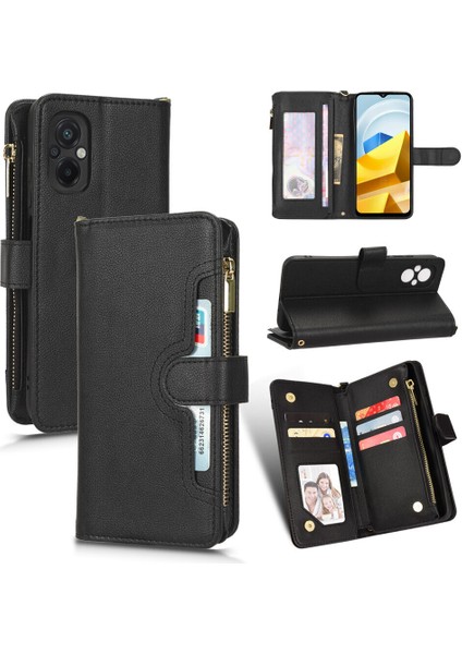 Xiaomi Mi Poco M5 Cüzdan Uzun Ipli Moda Pu Deri Fermuarlı Kartlıklı Cüzdan Telefon Kılıfı (Yurt Dışından)