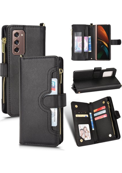 Samsung Galaxy Z Fold 2 Cüzdan Uzun Ipli Moda Pu Deri Fermuarlı Kartlıklı Cüzdan Telefon Kılıfı (Yurt Dışından)