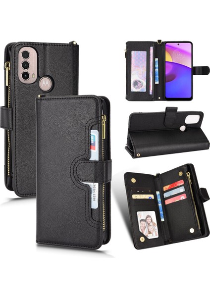 Motorola Moto E40/E30/E20 Cüzdan Uzun Ipli Moda Pu Deri Fermuarlı Kartlıklı Cüzdan Telefon Kılıfı (Yurt Dışından)