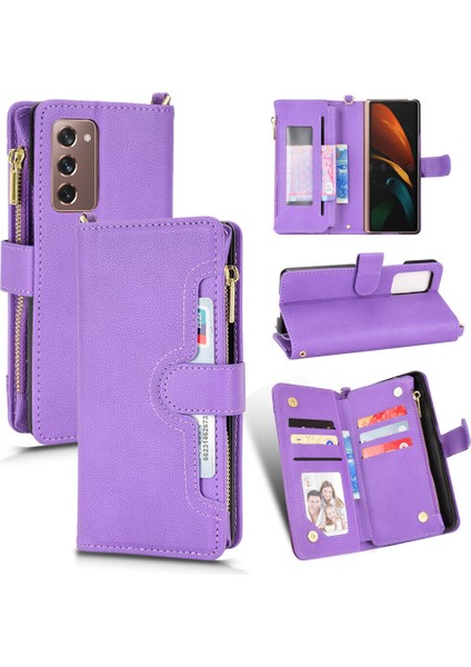 Samsung Galaxy Z Fold 2 Cüzdan Uzun Ipli Moda Pu Deri Fermuarlı Kartlıklı Cüzdan Telefon Kılıfı (Yurt Dışından)
