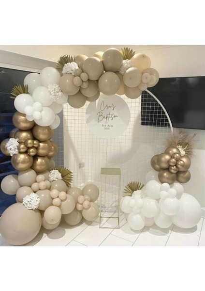 75 Adet Pastel Ve Krom Balon Zincir Seti (Beyaz, Deniz Kumu Ve Krom Gold Renk Balonlar)