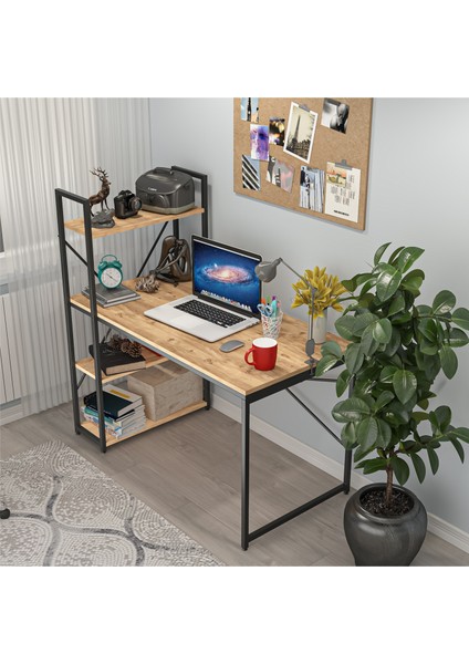CLM108 Ceviz Metal Kitaplıklı Çalışma Masası