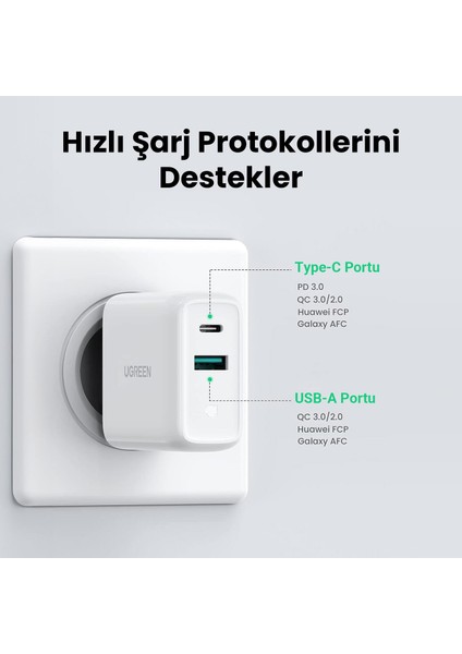 38W Çift Portlu Usb-A ve Type-C Pd Qc Hızlı Şarj Cihazı Beyaz