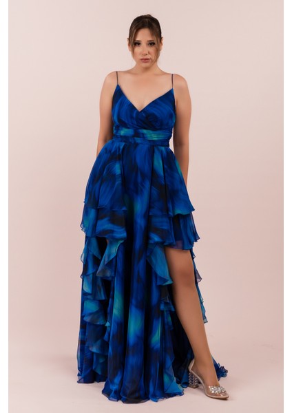 Saks Empirme Bacak Dekolteli Uzun Elbise (CRM-55886)