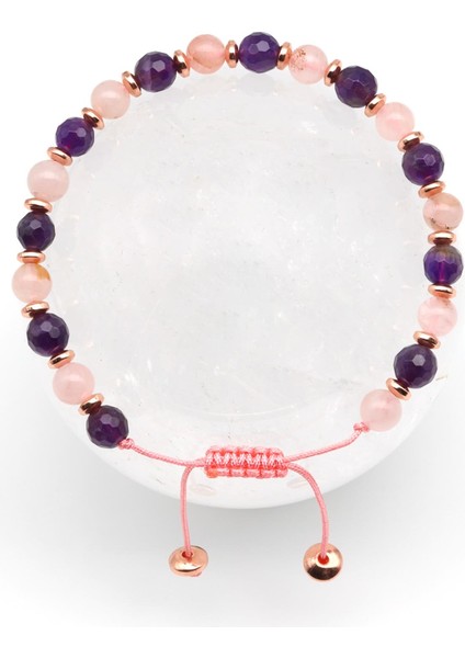Ametist - Pembe Kuvars Doğal Taş Makrome Örme Bileklik