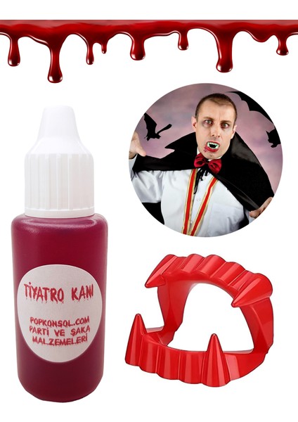 Vampir Kanı Ve Vampir Dişi Set Yapay Kan Parti Şaka Malzemesi Kırmızı