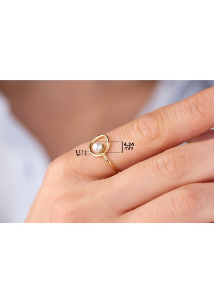 Ince Çerçeve Içinde Minimal Inci Yüzük 14 Ayar Altın modelleri