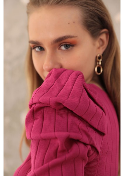 Triko Kumaş Karpuz Kol Kadın Elbise-Fuşya modelleri
