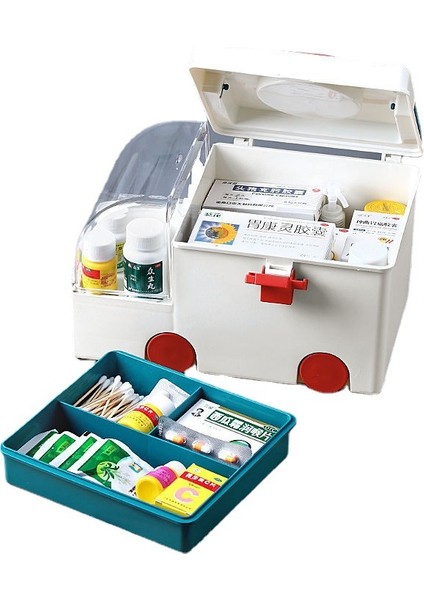 Kutu Saklama Kutusu, Ev Tipi Çok Fonksiyonlu Ev Versiyonu, Büyük Kapasiteli Ilaç Dağıtım Kutusu, Taşınabilir Çok Fonksiyonlu Ambulans Modeli [gri] + Sevimli Tavşan Çıkartmaları (Yurt Dışından)