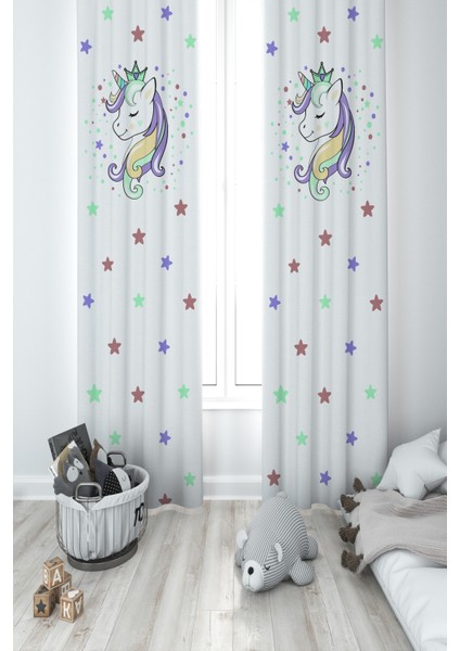 Bebek ve Çocuk Odası Renkli Unicorn Desenli Beyaz 2 Kanat Fon Perde