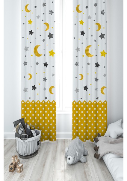 Bebek ve Çocuk Odası Ay ve Yıldız Desenli 2 Kanat Fon Perde