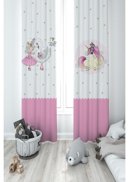Bebek ve Çocuk Odası Yıldızlı Unicorn Desenli 2 Kanat Fon Perde