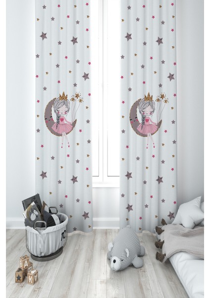 Bebek ve Çocuk Odası Ayda Oturan Prenses Kız Desenli 2 Kanat Fon Perde