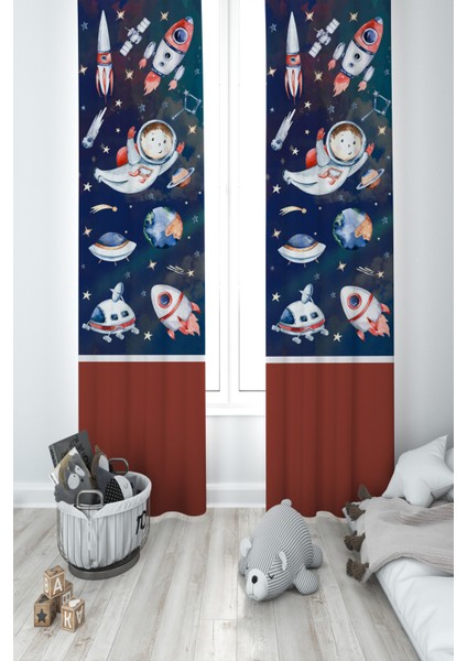 Bebek ve Çocuk Odası Uzaylı Astronot Desenli 2 Kanat Fon Perde