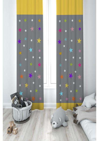 Bebek ve Çocuk Odası Yıldızlı Seksek Desenli 2 Kanat Fon Perde
