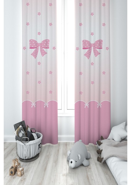 Bebek ve Çocuk Odası Pembe Kurdele ve Yıldız Desenli 2 Kanat Fon Perde