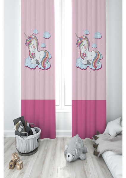 Bebek ve Çocuk Odası Bulutlu Unicorn Desenli 2 Kanat Fon Perde