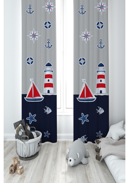 Bebek ve Çocuk Odası Denizci Desenli Lacivert Gri 2 Kanat Fon Perde
