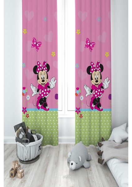 Bebek ve Çocuk Odası Minnie Maus Desenli 2 Kanat Fon Perde