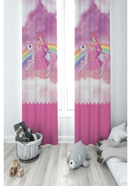 Bebek ve Çocuk Odası Gökuşağı ve Unicorn Desenli 2 Kanat Fon Perde
