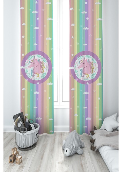Bebek ve Çocuk Odası Renkli Unicorn Desenli 2 Kanat Fon Perde