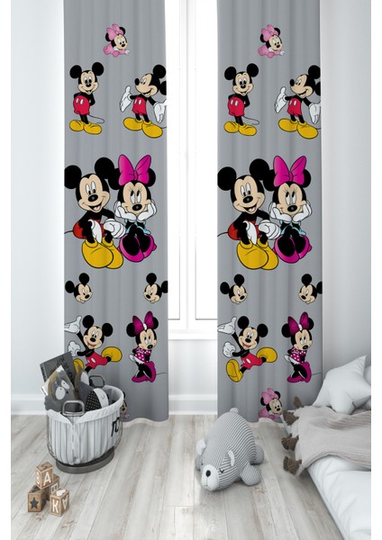 Bebek ve Çocuk Odası Mickey ve Minnie Mause Desenli Seksekli 2 Kanat Fon Perde