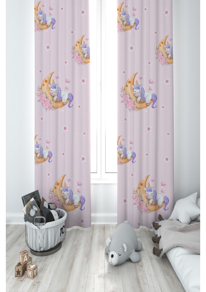 Bebek ve Çocuk Odası Aya Sarılan Unicorn Desenli Pembe 2 Kanat Fon Perde