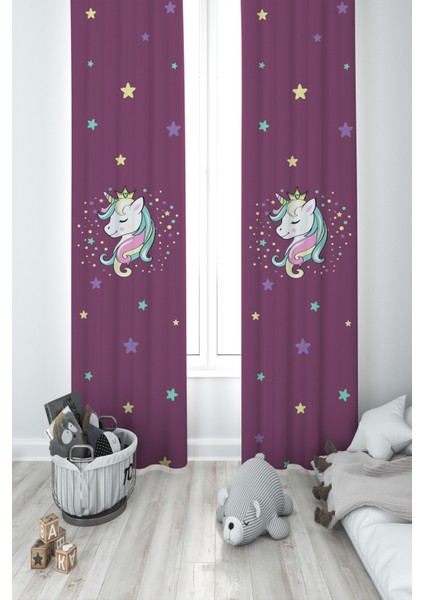 Bebek ve Çocuk Odası Renkli Unicorn Desenli Mor 2 Kanat Fon Perde