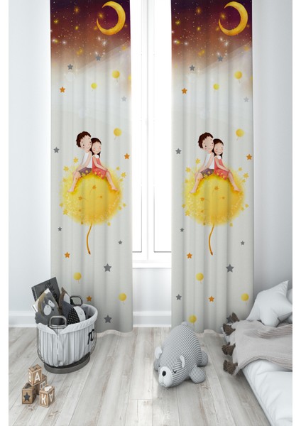 Bebek ve Çocuk Odası Sevimli Çocuklar Yıldız Desenli 2 Kanat Fon Perde