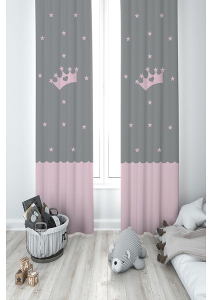 Bebek ve Çocuk Odası Taç Yıldız Desenli Çerçeveli 2 Kanat Fon Perde
