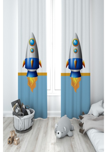 Bebek ve Çocuk Odası Gezegen ve Space x Desenli 2 Kanat Fon Perde