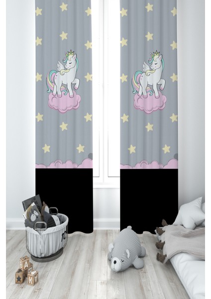 Bebek ve Çocuk Odası Seksekli Unicorn Desenli 2 Kanat Fon Perde