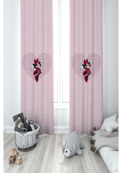 Bebek ve Çocuk Odası Büyük Kalpli Minnie Mause ve Puantiyeli 2 Kanat Fon Perde