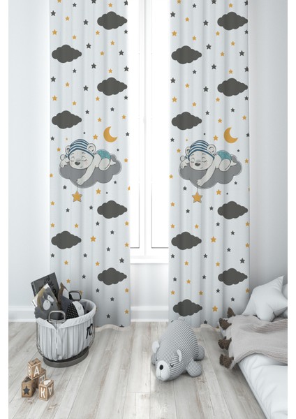 Bebek ve Çocuk Odası Sevimli Mavi Uyuyan Ayı Desenli 2 Kanat Fon Perde