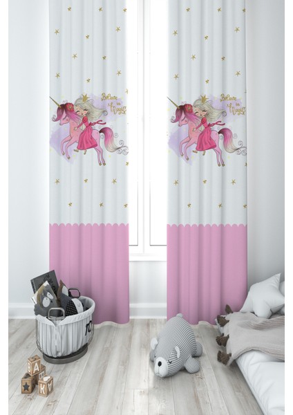 Bebek ve Çocuk Odası Unicorn Üzerinde Prenses Kız Desenli 2 Kanat Fon Perde
