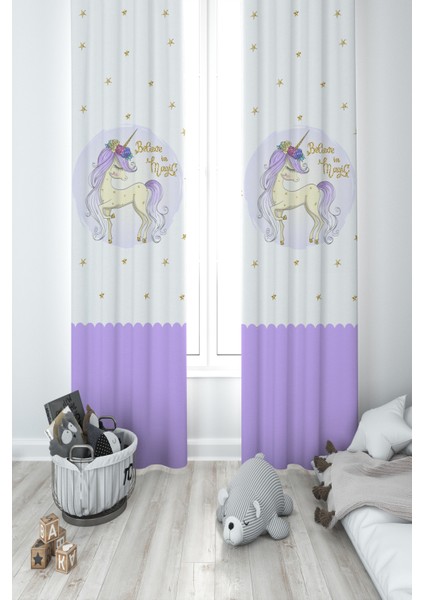 Bebek ve Çocuk Odası Yıldızlı Mavi Unicorn Desenli 2 Kanat Fon Perde