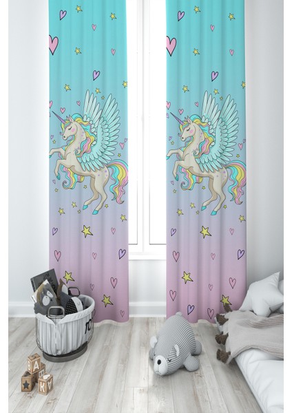 Bebek ve Çocuk Odası Uçan Unicorn Desenli 2 Kanat Fon Perde