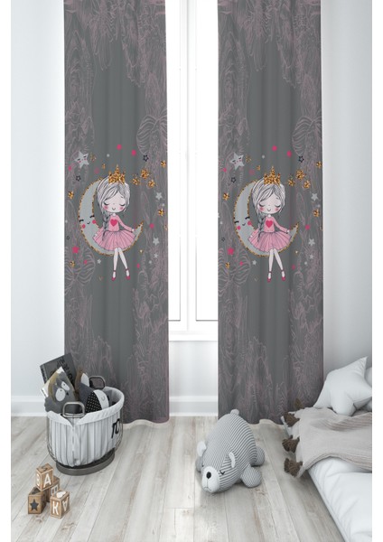 Bebek ve Çocuk Odası Ayda Oturan Kız Pembe Motifli Gri 2 Kanat Fon Perde