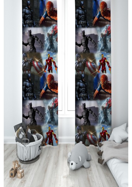 Bebek ve Çocuk Odası Yenilmezler Desenli 2 Kanat Fon Perde