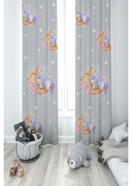 Bebek ve Çocuk Odası Aya Sarılan Unicorn Desenli Gri 2 Kanat Fon Perde